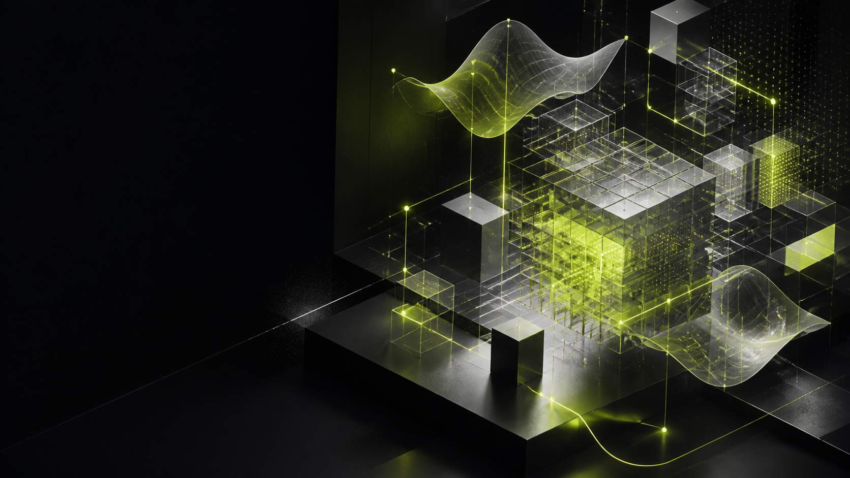 TensorPlay abstract structure made from tensioned lines, compute nodes, and an acid-green plane